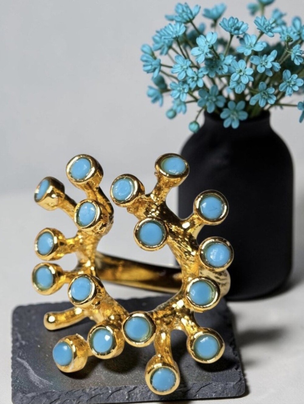 18k Gold Plated Artisan Coral Reef Branch Genuine Turquoise Statement Ring
